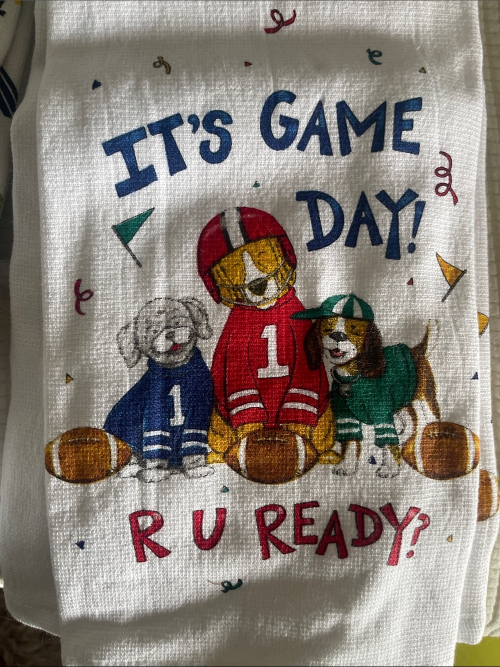 U PICK 🫵Cotton Kitchen Towel Set - White with Multicolor Football Design - Picture 3 of 4